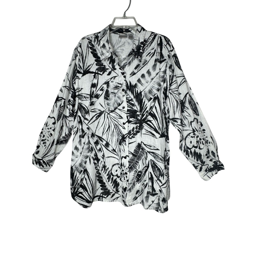 Chicos Womens 100%‎ Linen Artsy Floral Button Down Tunic Top XL Coastal Tropical